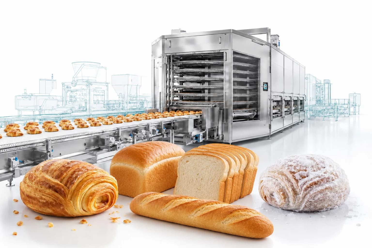Industrielle Backlinie mit Durchlaufofen und Kühlband, davor Plundergebäck, Toastbrot, Baguette und ein Puderzucker-Gebäck; im Hintergrund die technische Zeichnung der Anlage